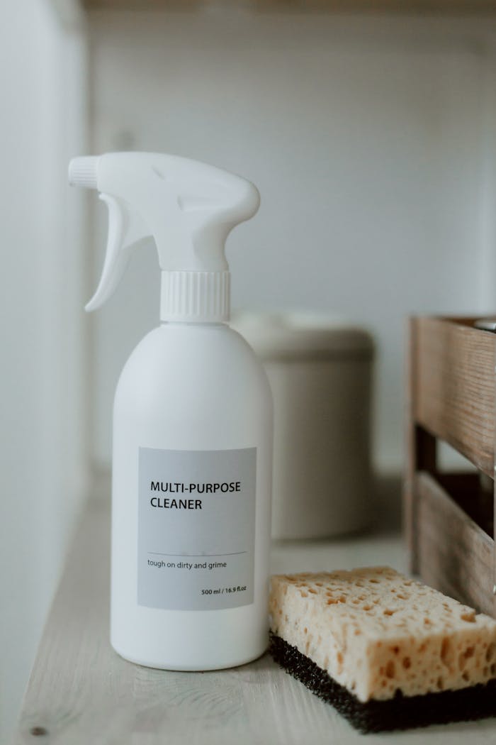 A spray bottle of multi-purpose cleaner with sponge on a bathroom shelf.